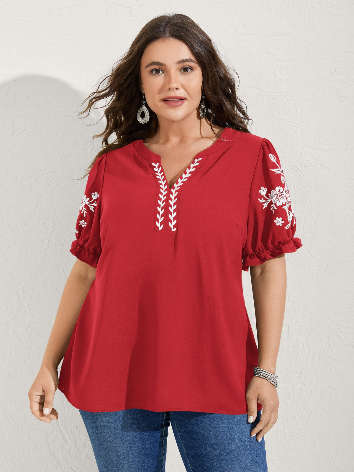Notched Collar Embroidered Ruffled Blouse