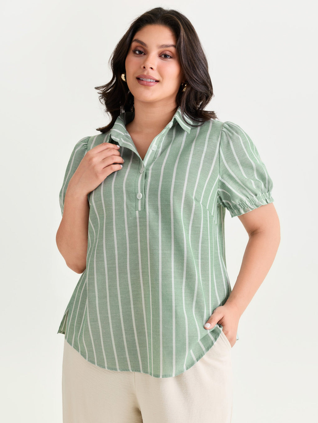 Striped Ruffled Puffy Sleeve Blouse