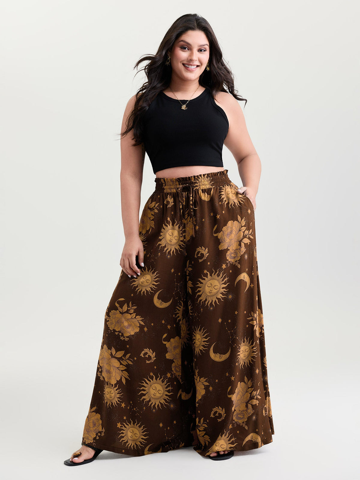 Star Moon Print Wide Waistband Pants
