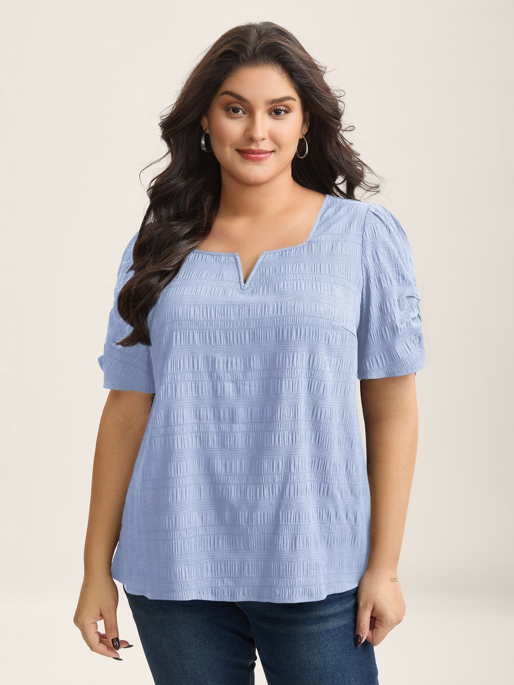 Textured Gathered Sleeve Split Neck Blouse
