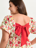 Rose Print Bubble Sleeve Babydoll Blouse