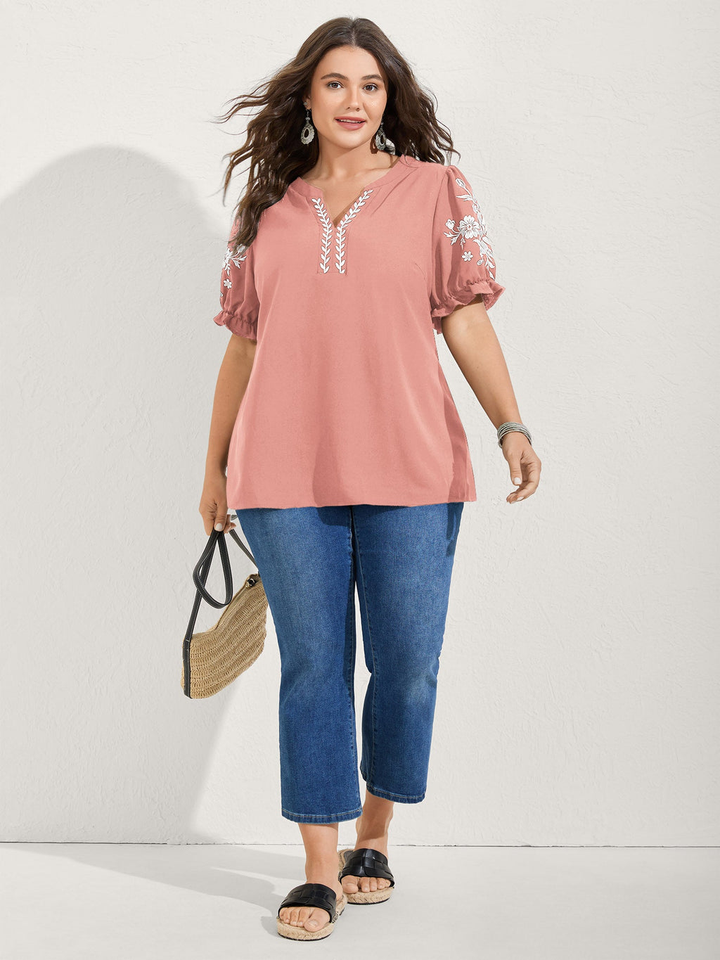 Notched Collar Embroidered Ruffled Blouse