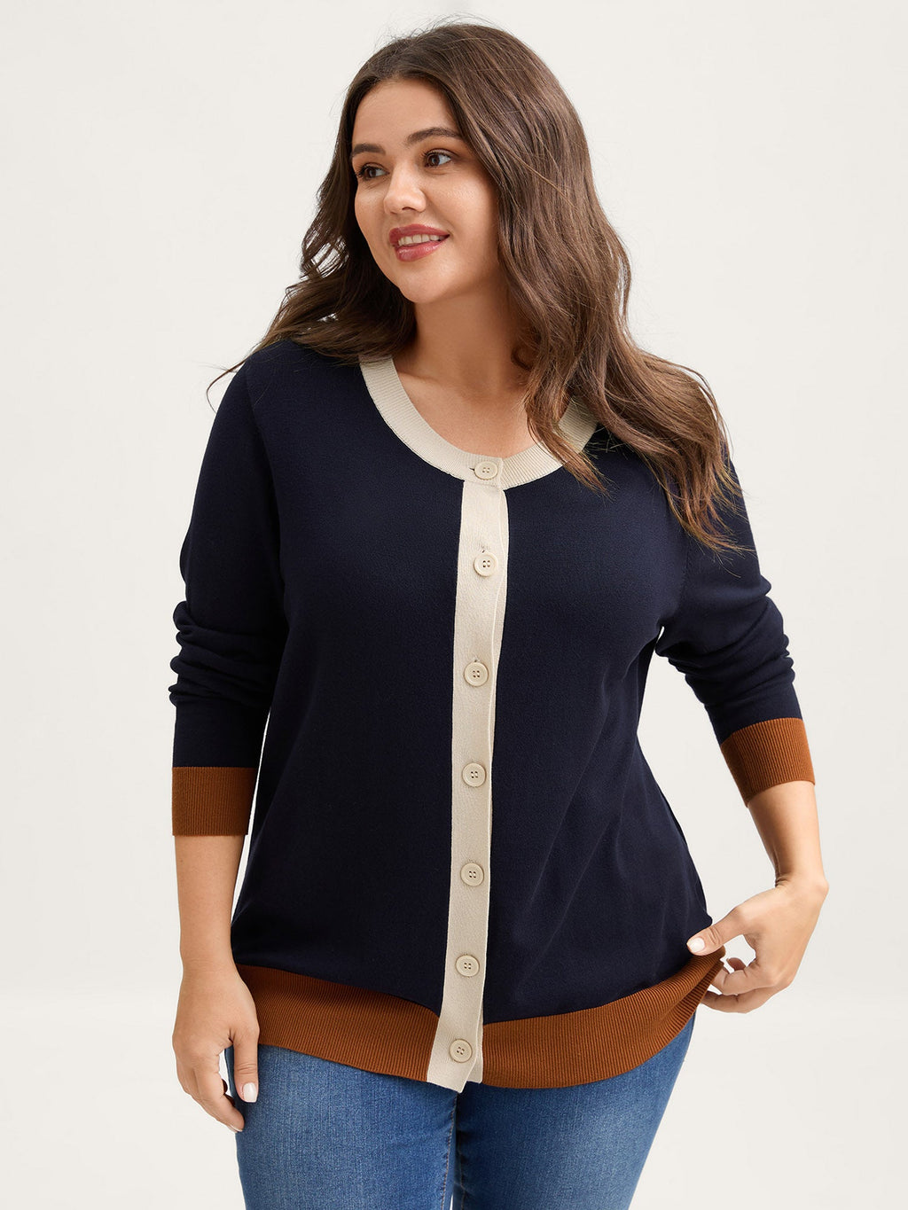 Supersoft Color Contrast Button-Down Knit Cardigan