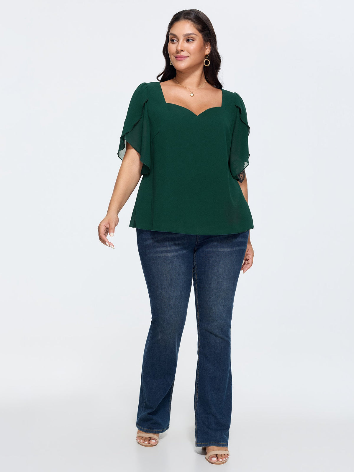 Petal Sleeve Sweetheart Neckline Blouse