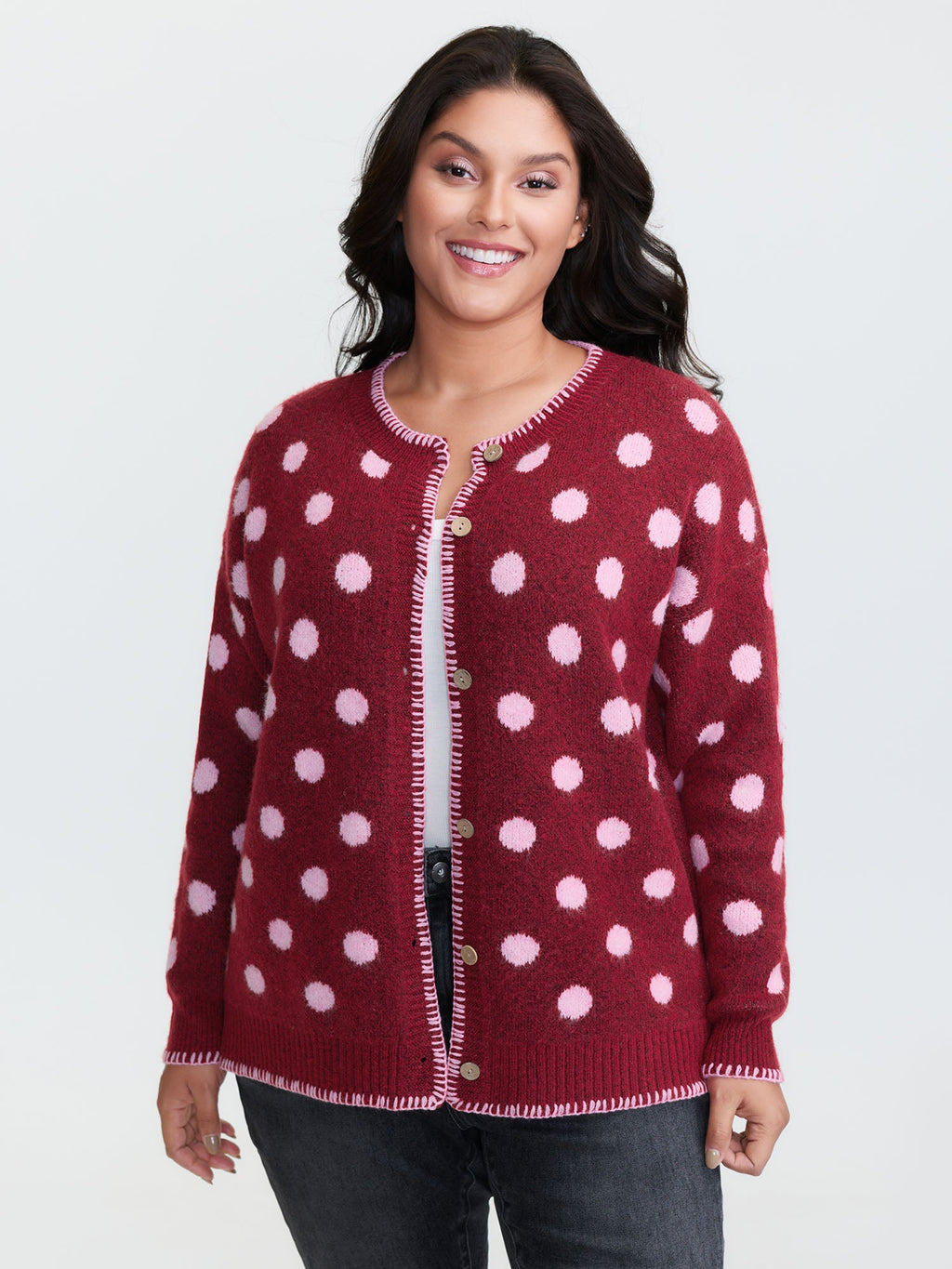Polka Dots Jacquard Buttons Knit Cardigan