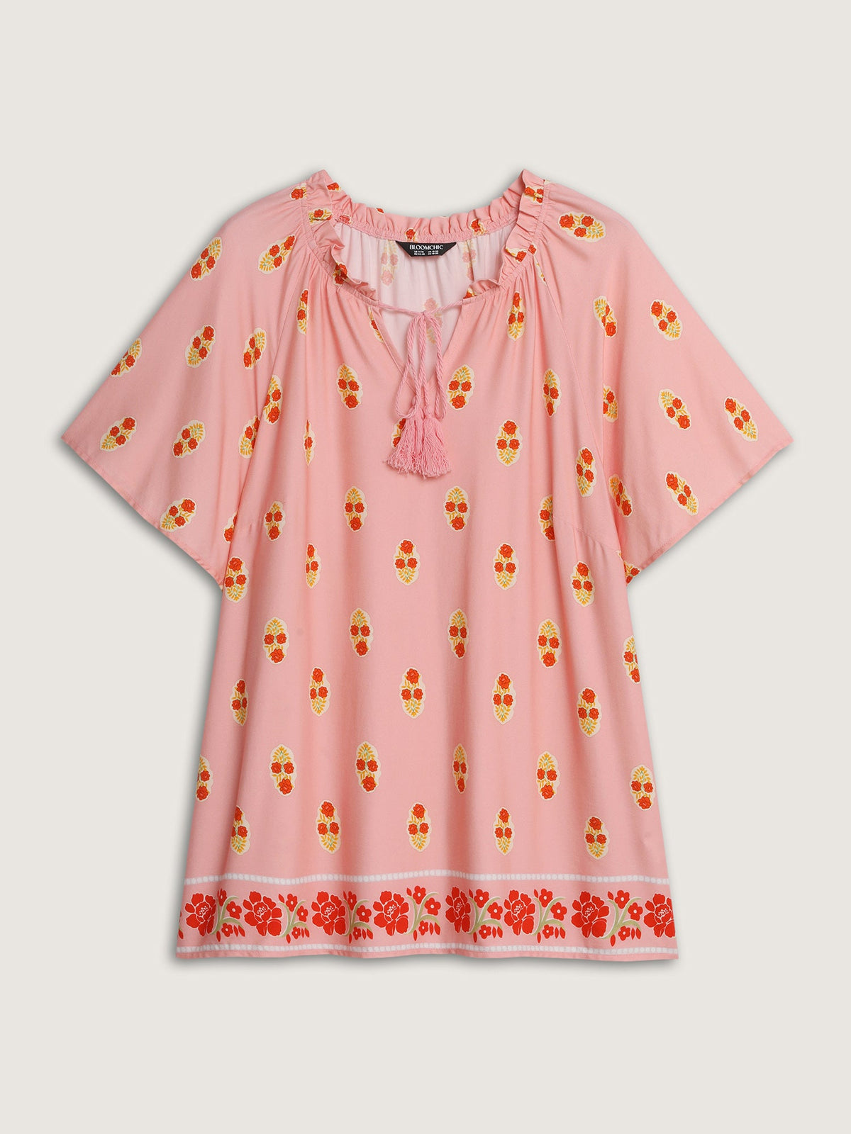 Floral Print Drawstring Neckline Flowy Blouse