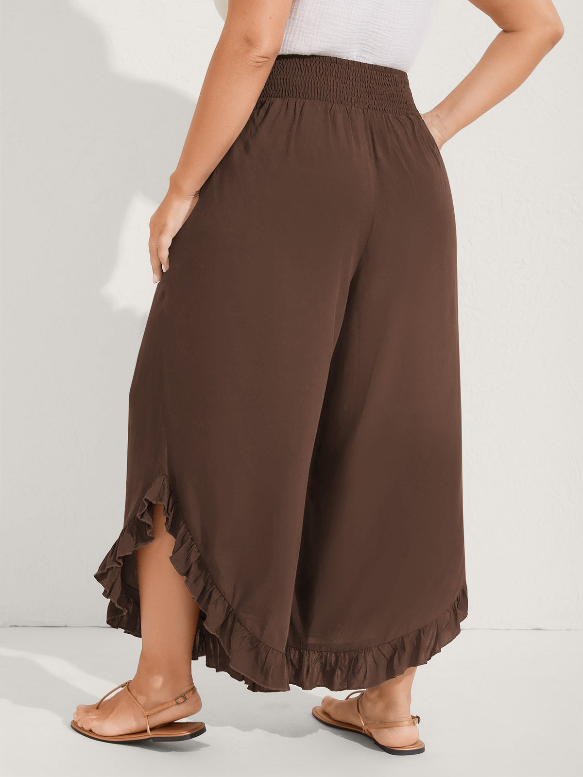 Ruffled Curvy Hem Wide-Leg Pants