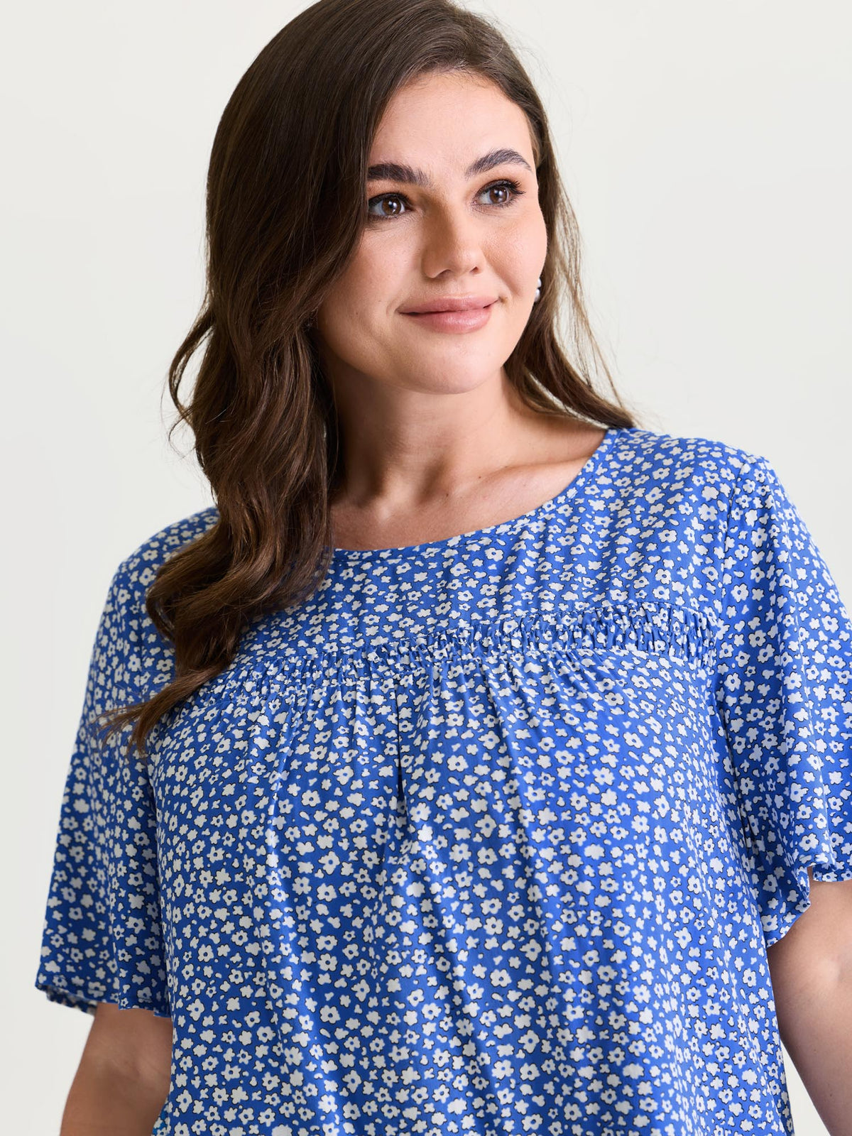 Floral Ruffle Sleeve Gathered Round Neck Blouse