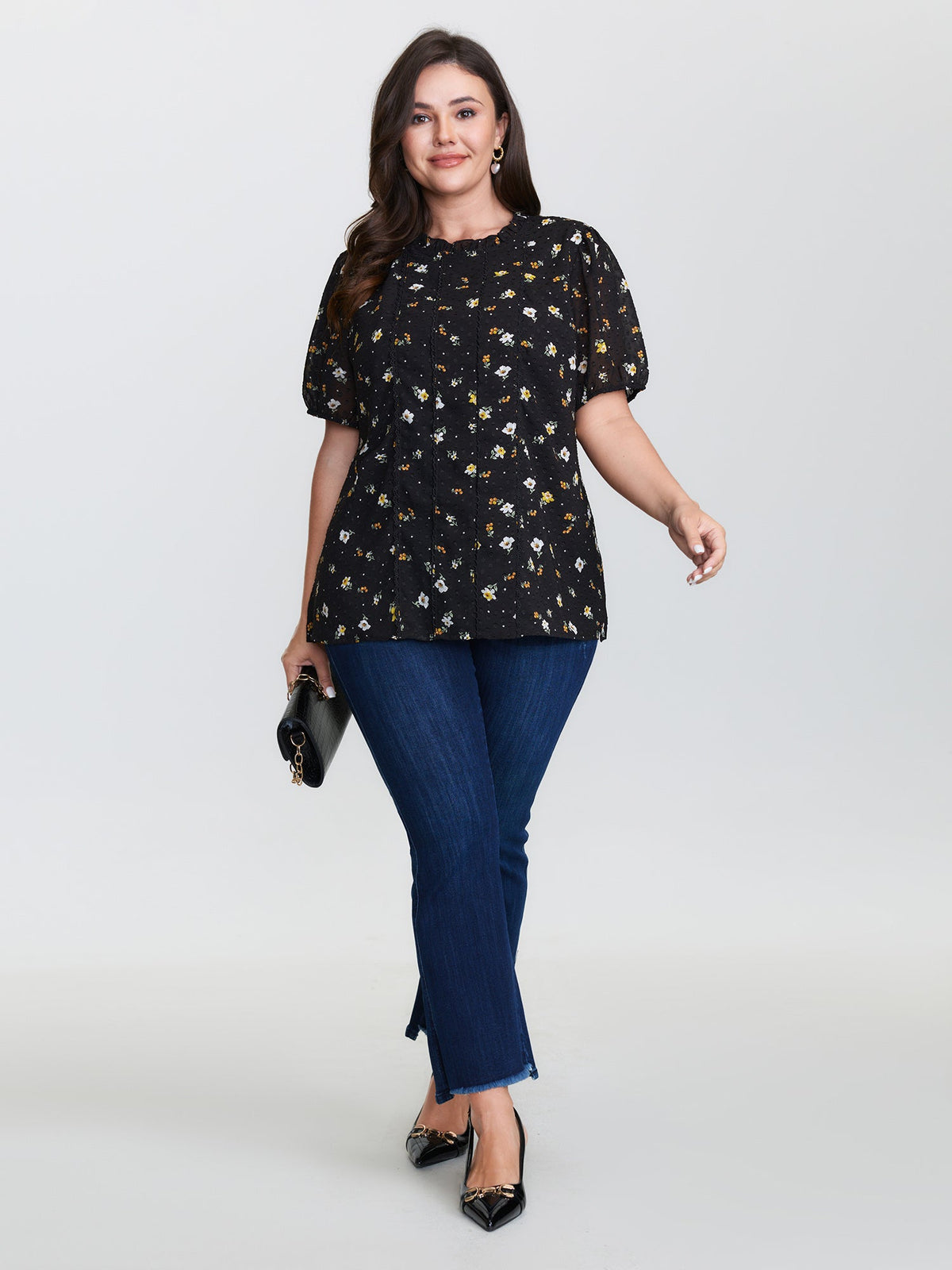 Chiffon Lace Trim Mock Neck Blouse