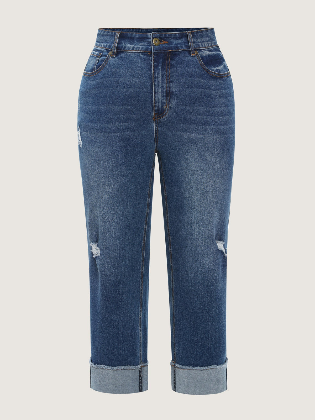 Stretchy Folded Hem Straight-Leg Jeans