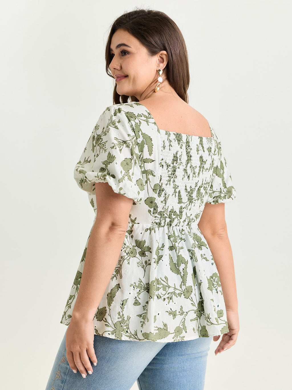 Cotton Floral Print Ruched Bubble Sleeve Blouse