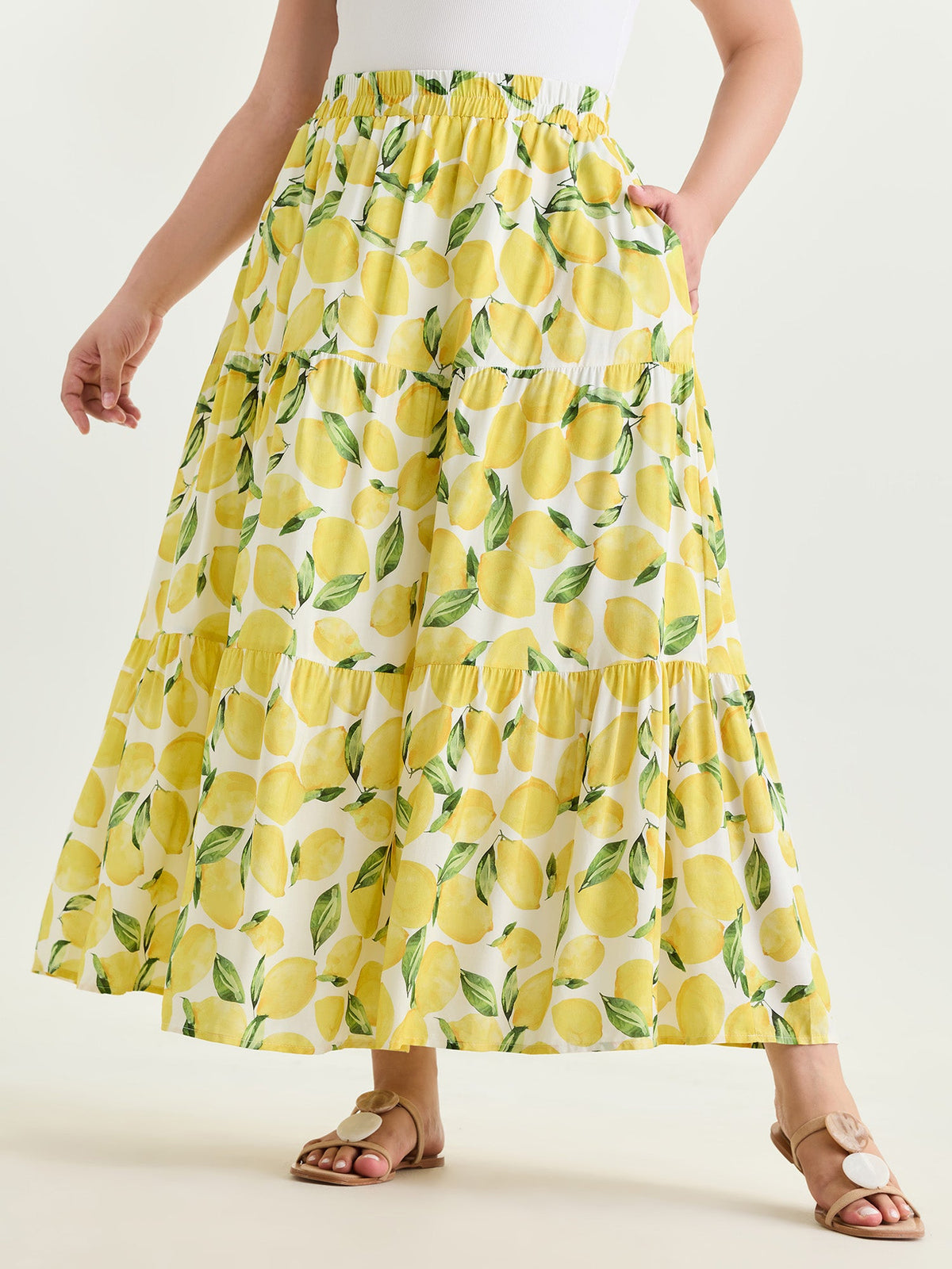 Fresh Lemon Print Maxi Skirt