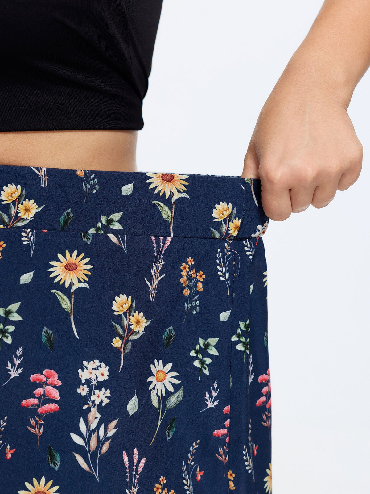 Ditsy Floral Print Stretchy Waist Wide Leg Pants