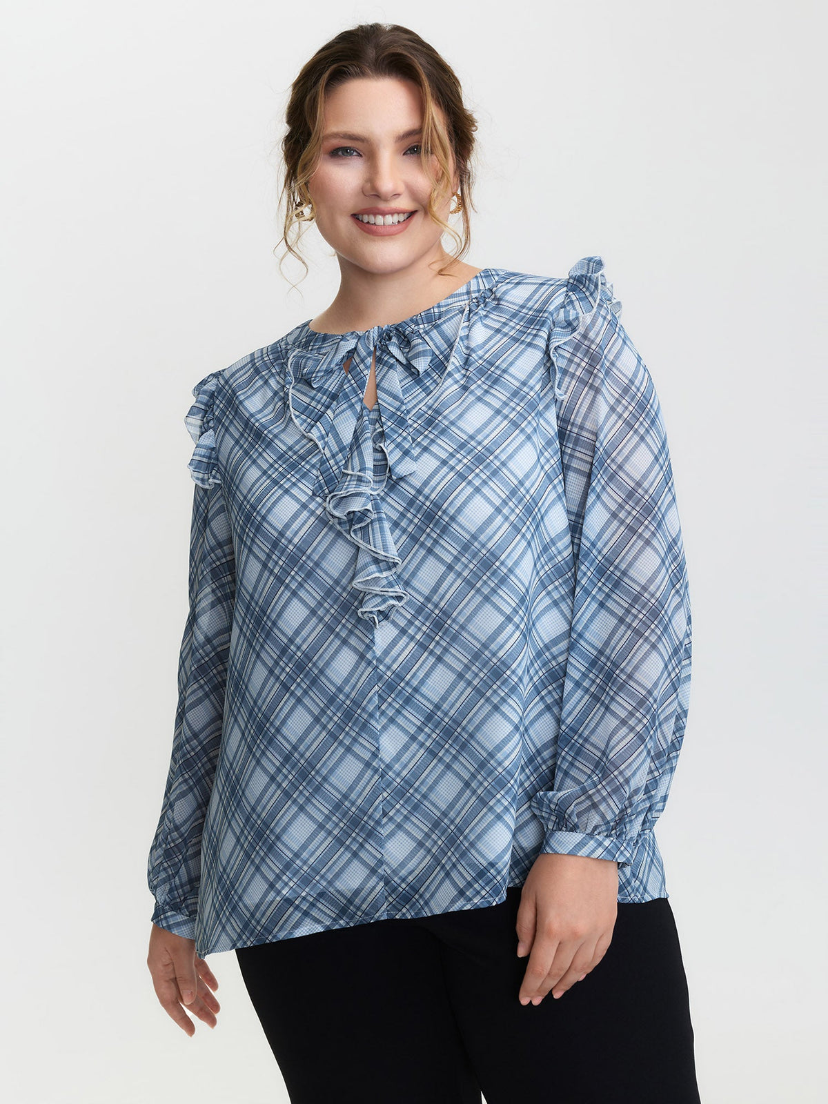 Plaid Print Sheer Ruffled Blouse