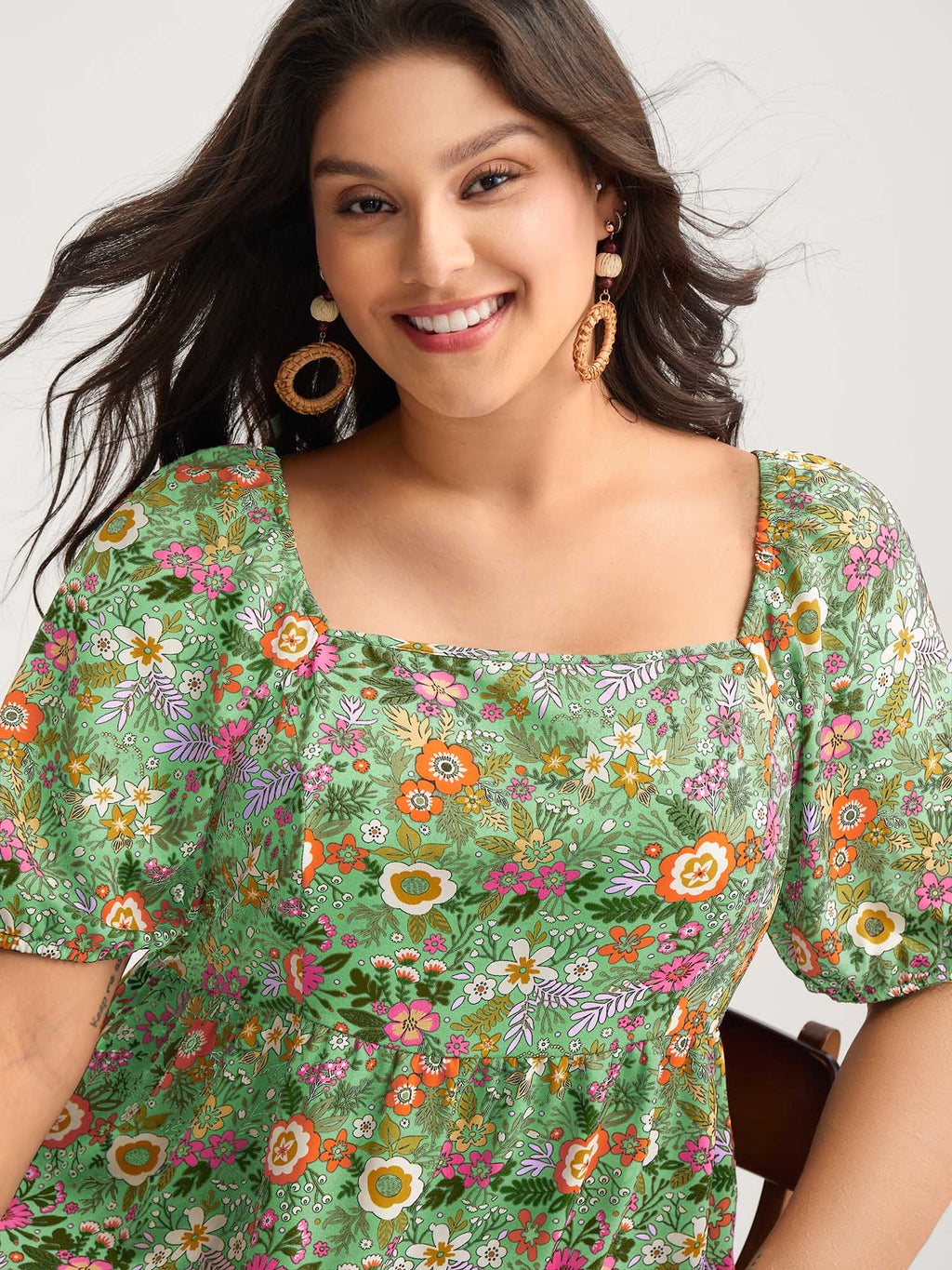 Floral Square Neck Fit and Flare Blouse