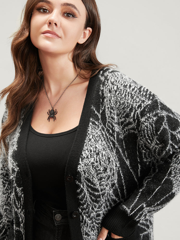Spider Web Plush Knit Pocket Button Front Cardigan