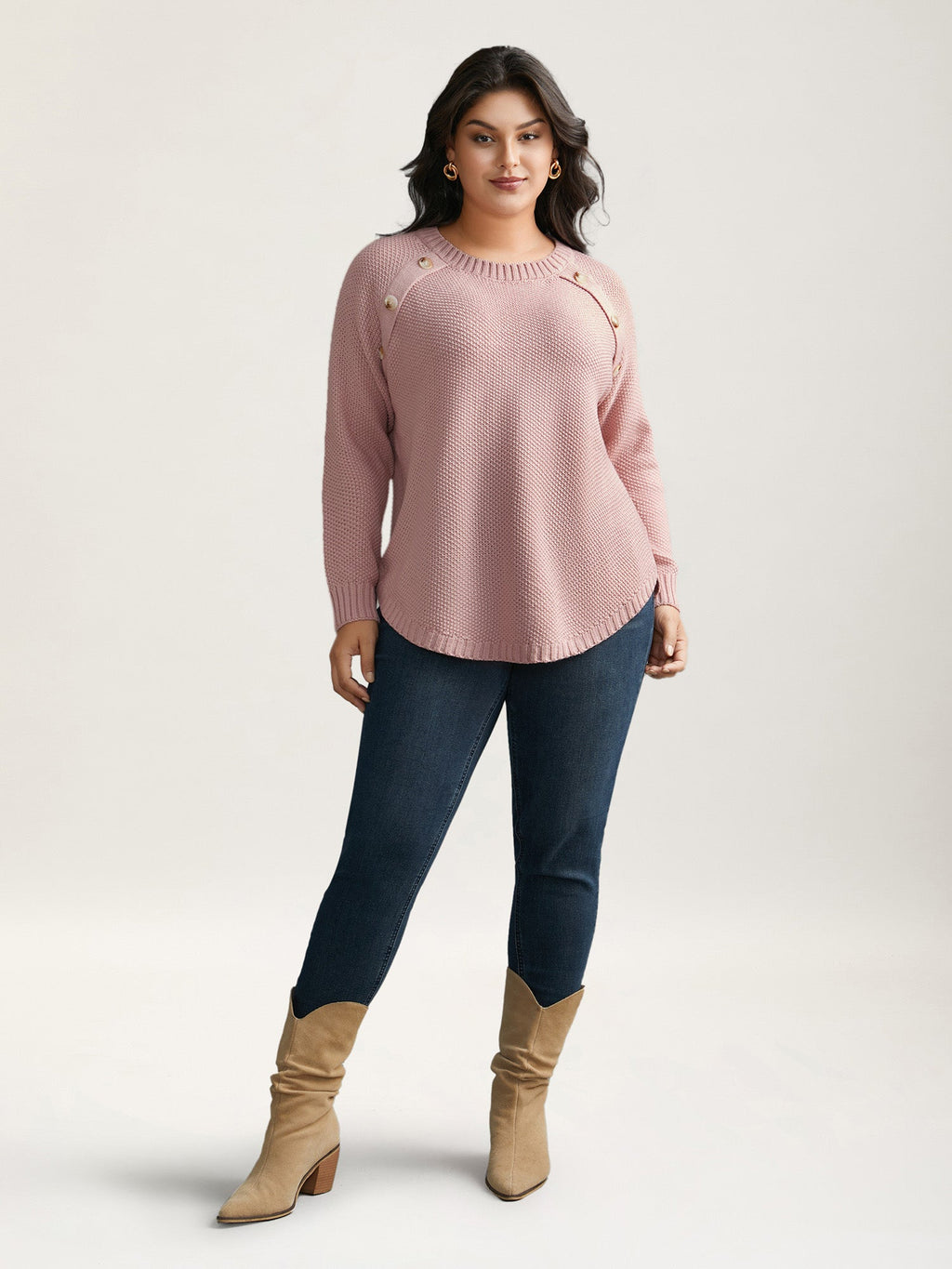 Plain Textured Button Detail Curved Hem Pullover