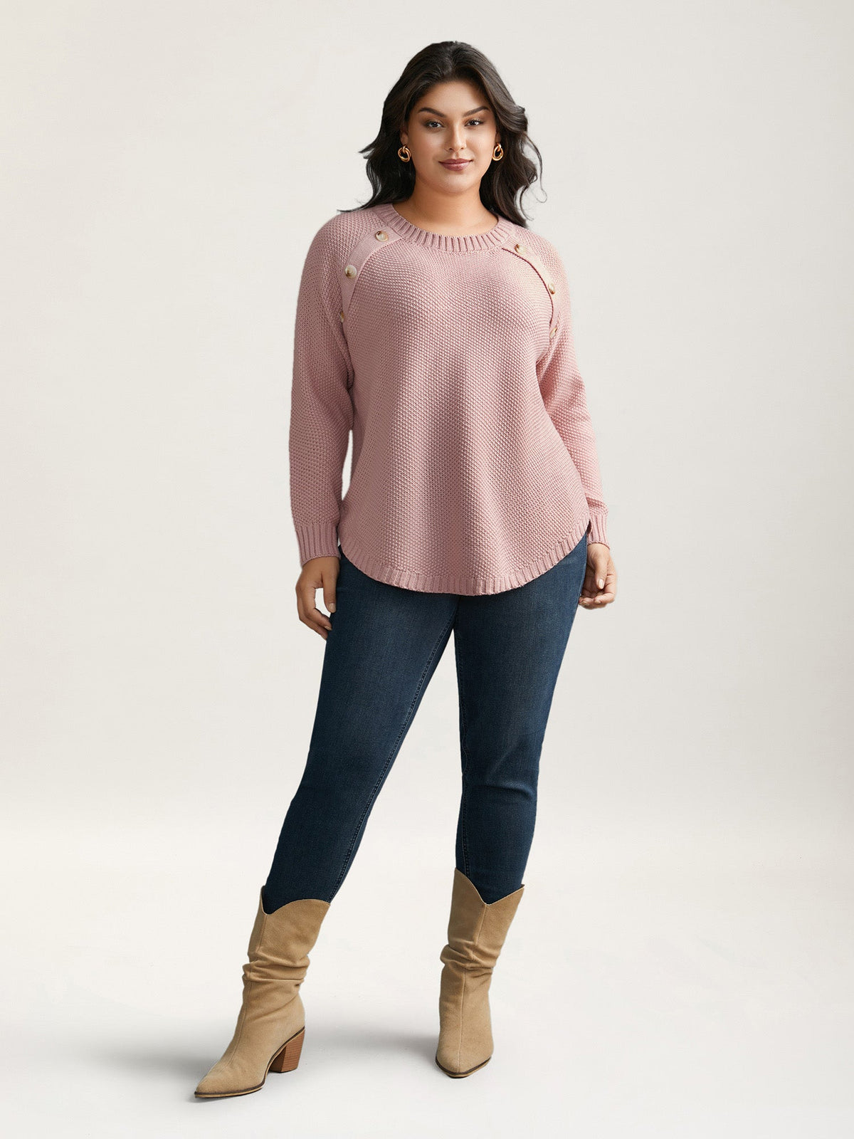Plain Textured Button Detail Curved Hem Pullover