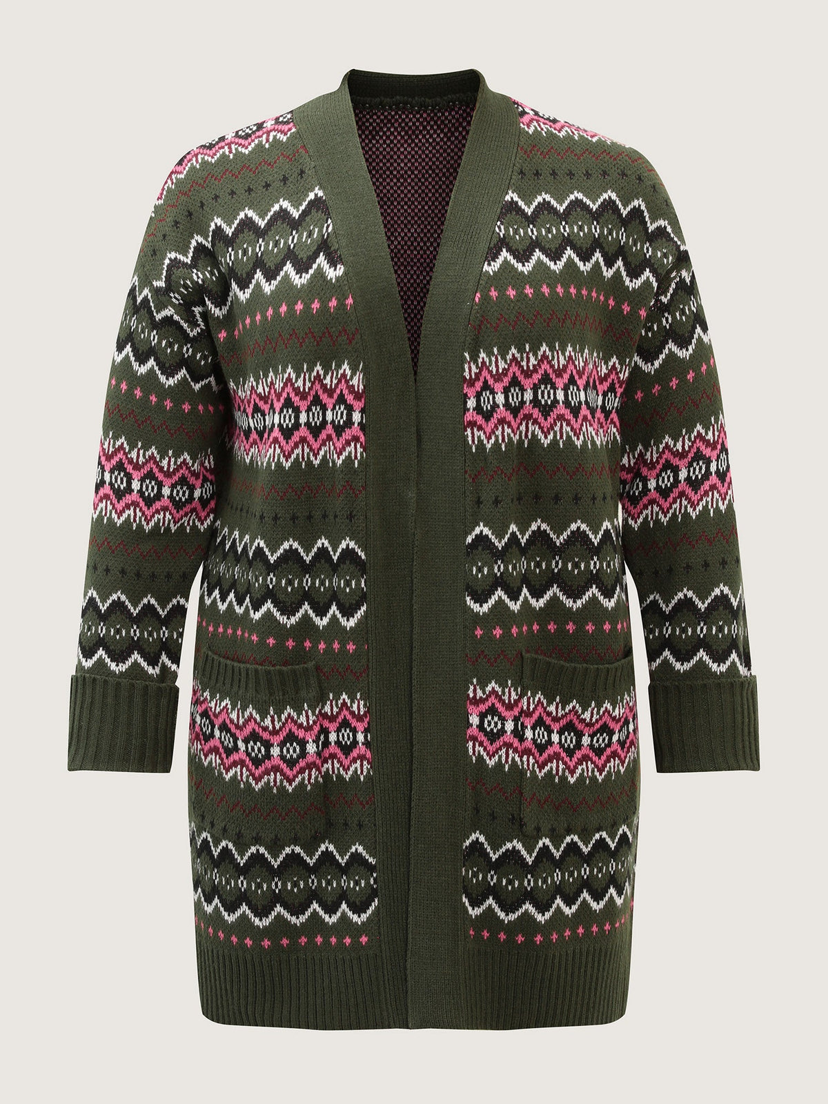 Geometric Pattern Pockets Open-Front Cardigan