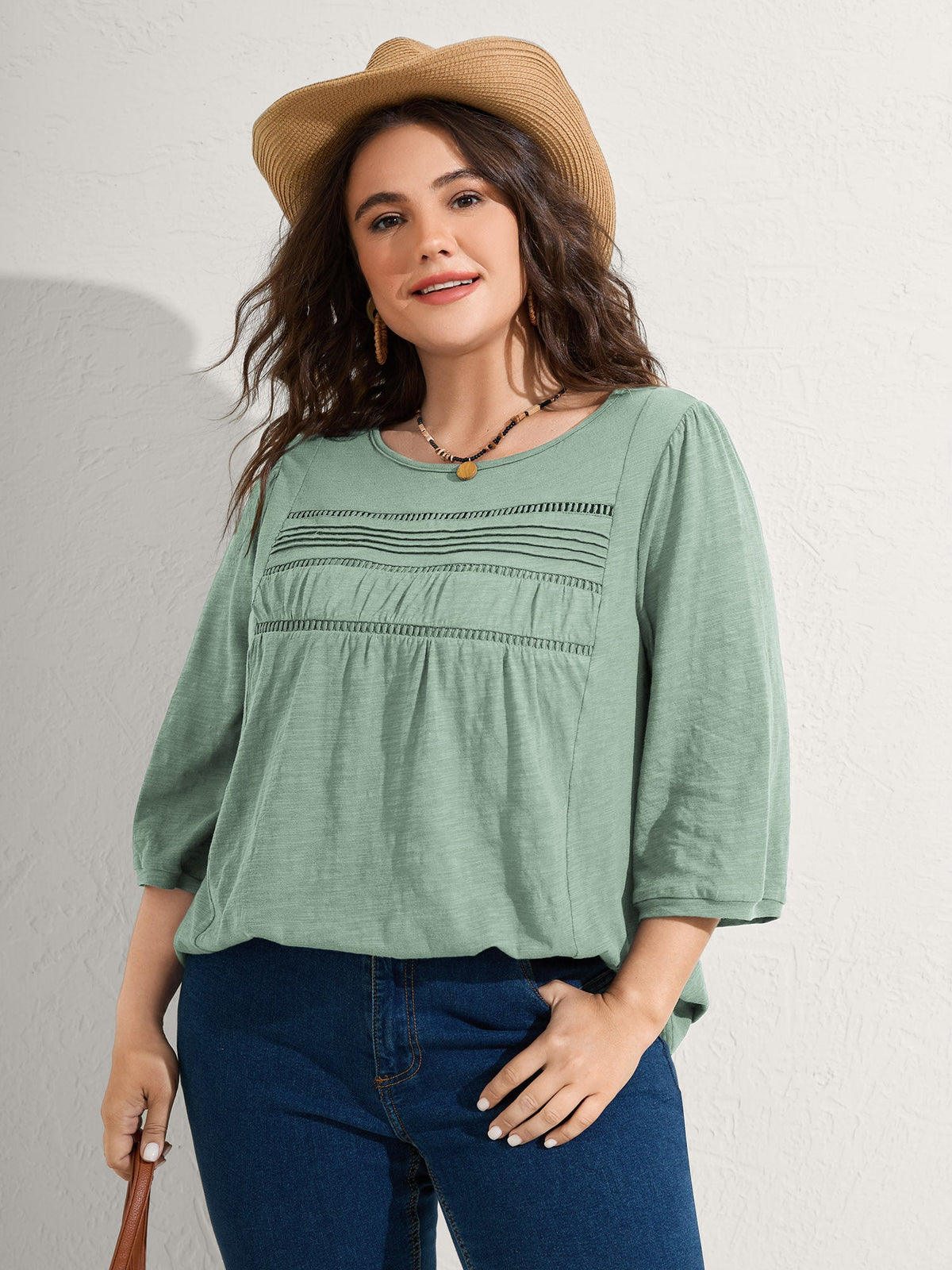 Cotton Lace Spliced Plain Knit Top