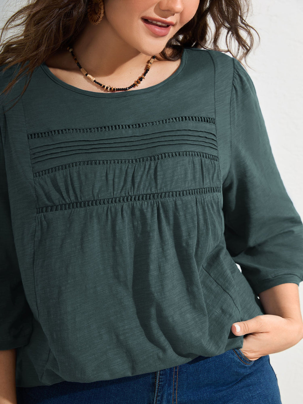 Cotton Lace Spliced Plain Knit Top