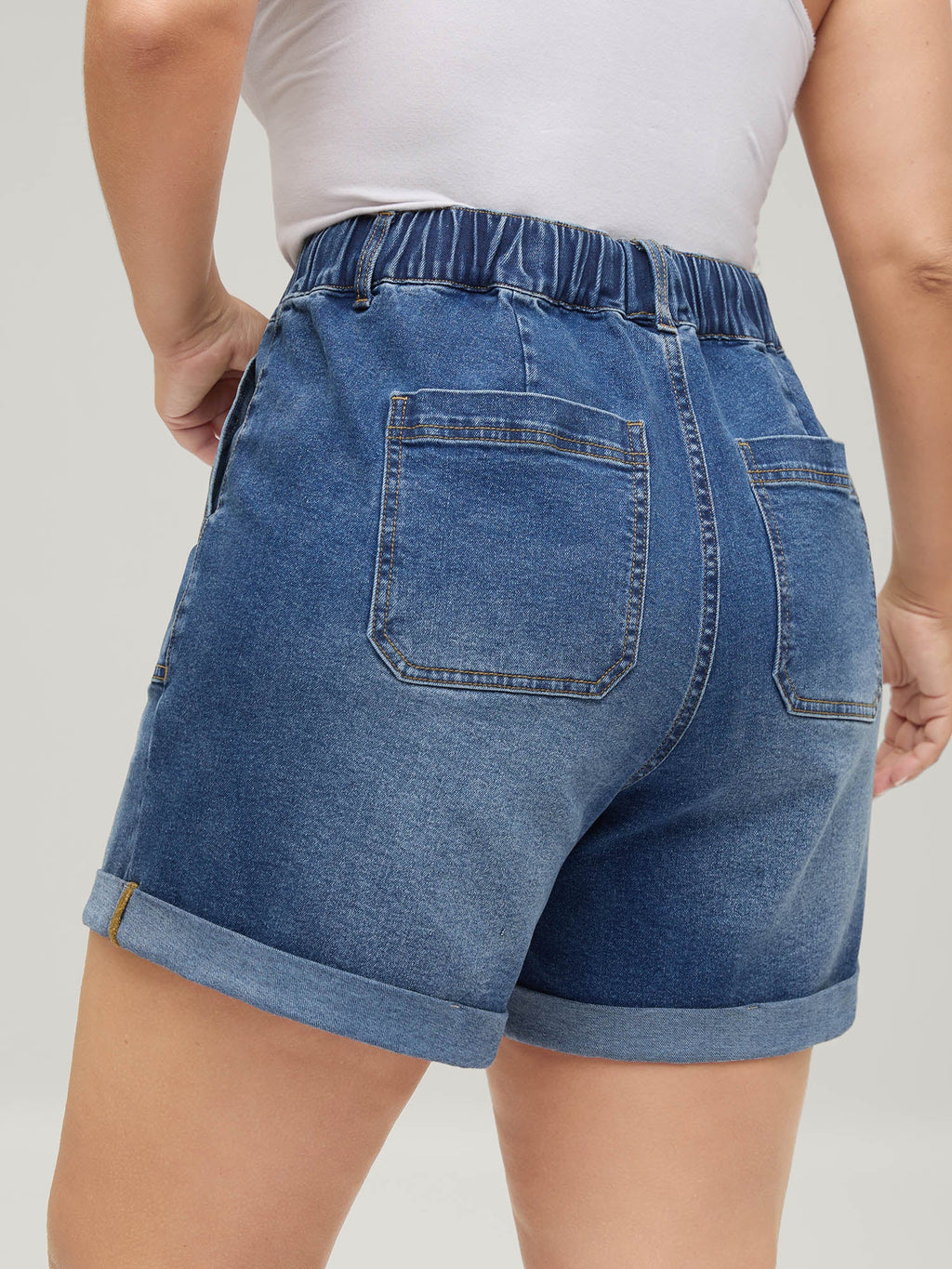 Pull-On Folded Hem High-Rise Denim Shorts