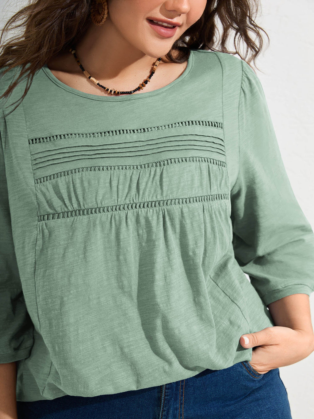 Cotton Lace Spliced Plain Knit Top