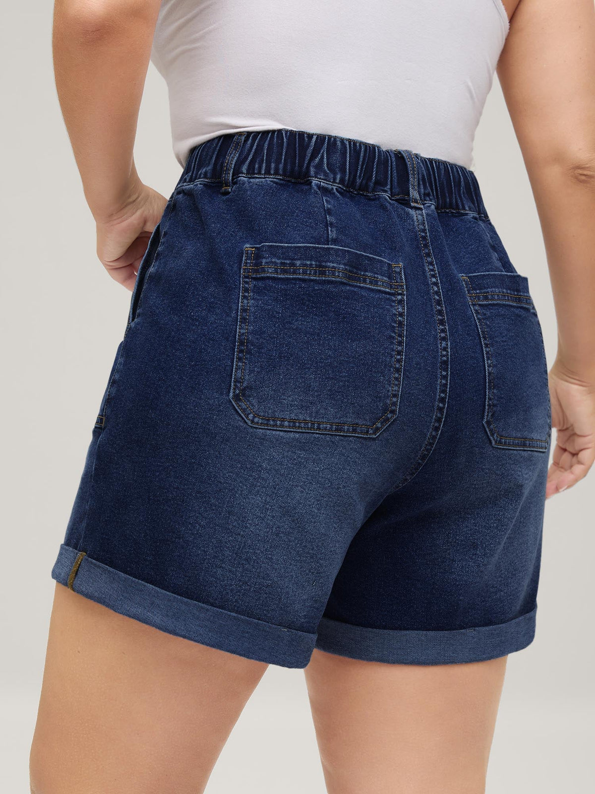 Pull-On Folded Hem High-Rise Denim Shorts