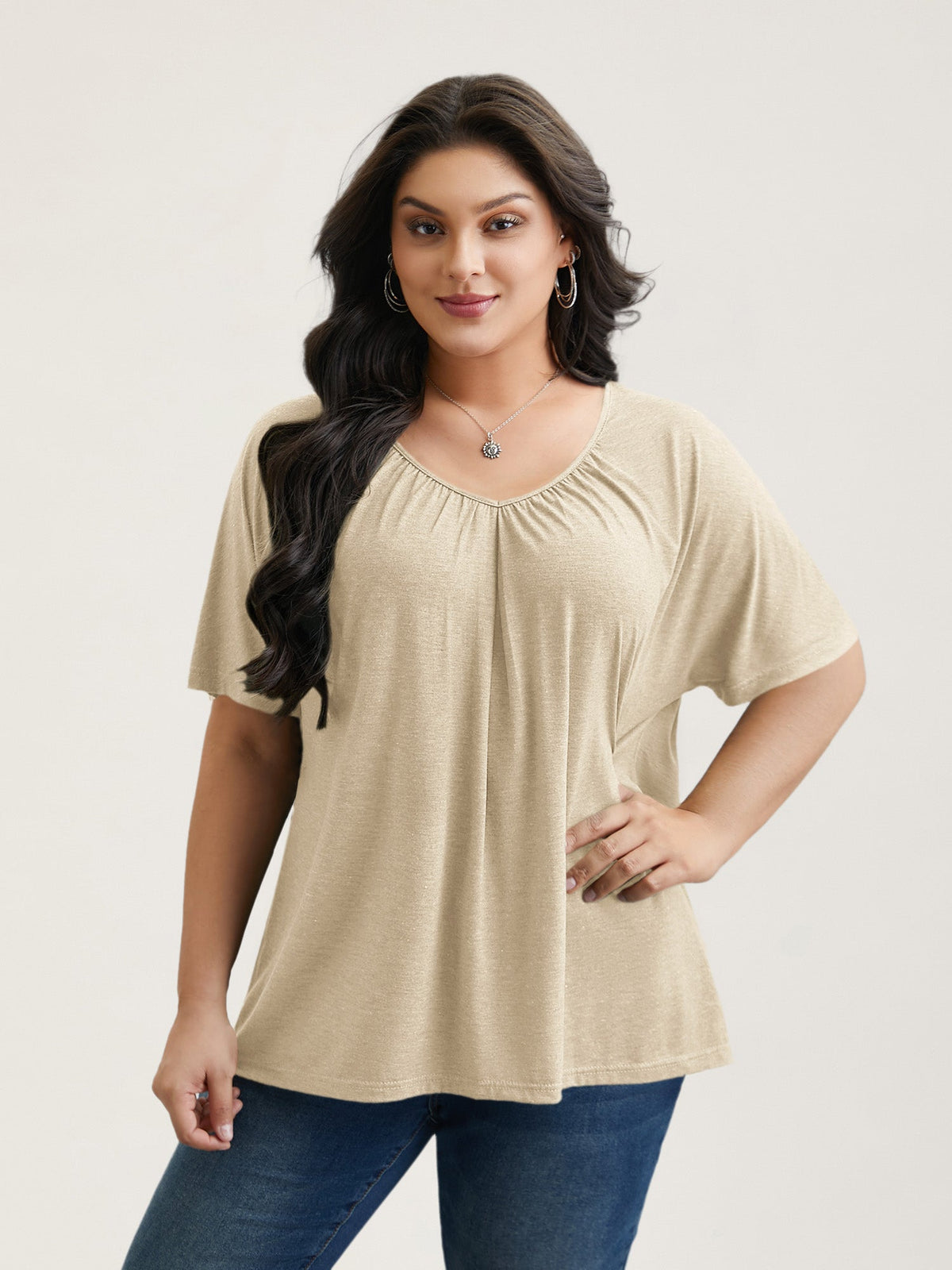 Pleated Plain Half-Sleeve Knit Top