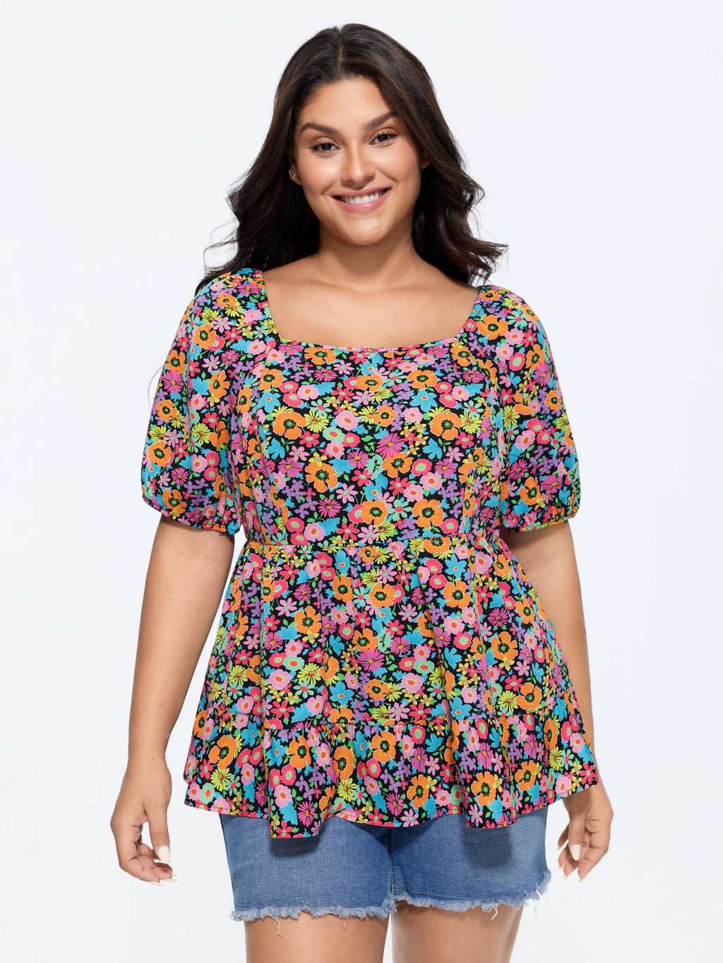 Floral Square Neck Fit and Flare Blouse