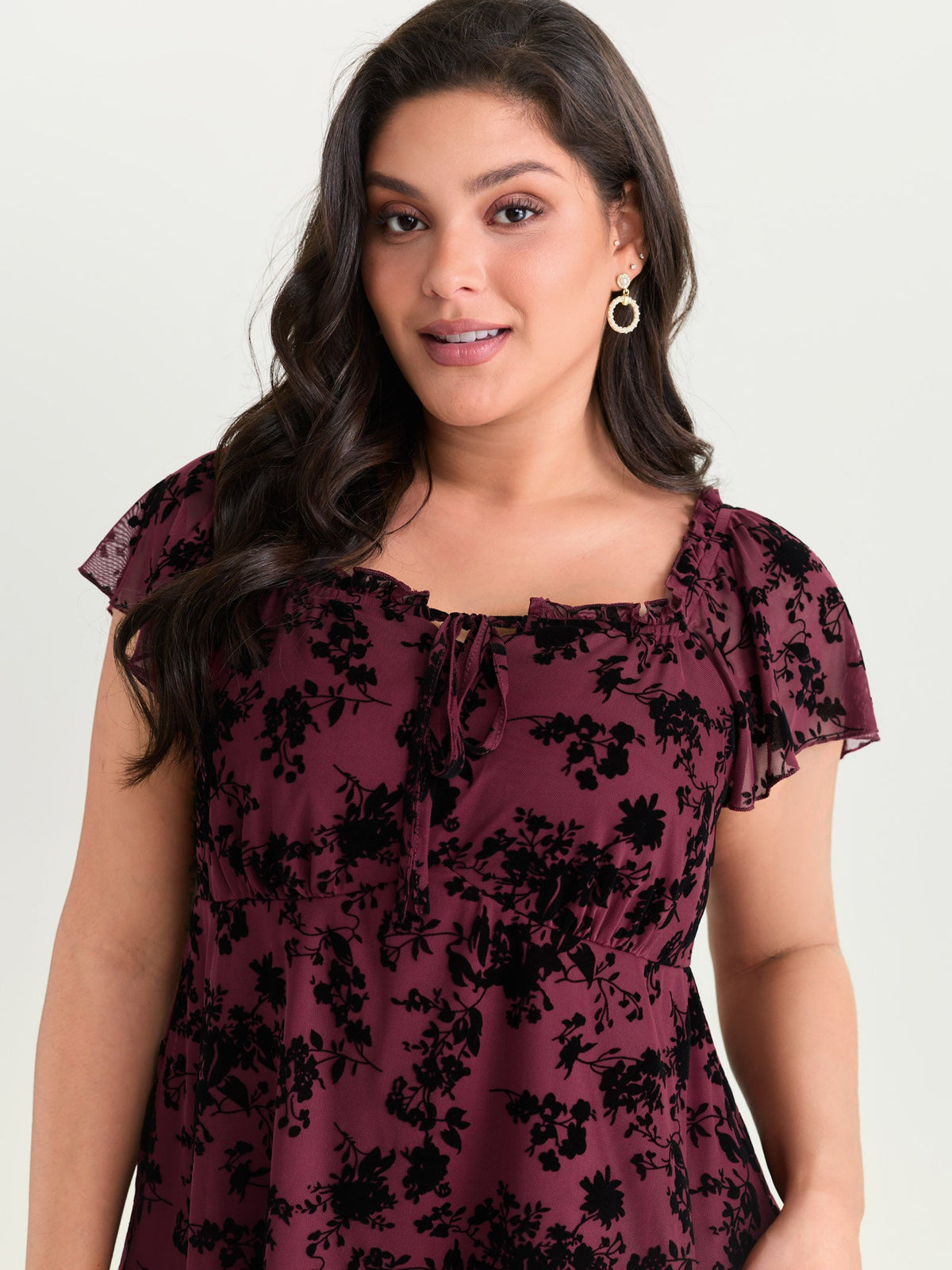 Flocked Floral Drawstring Neckline Knit Top