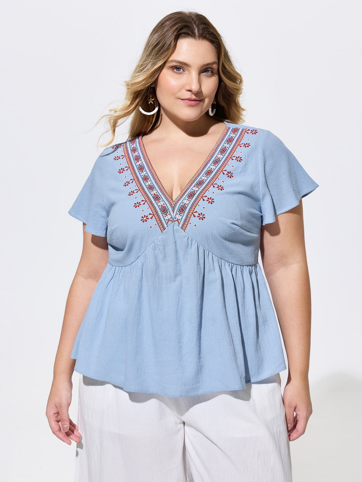 Cotton Floral Embroidered V-Neck Blouse