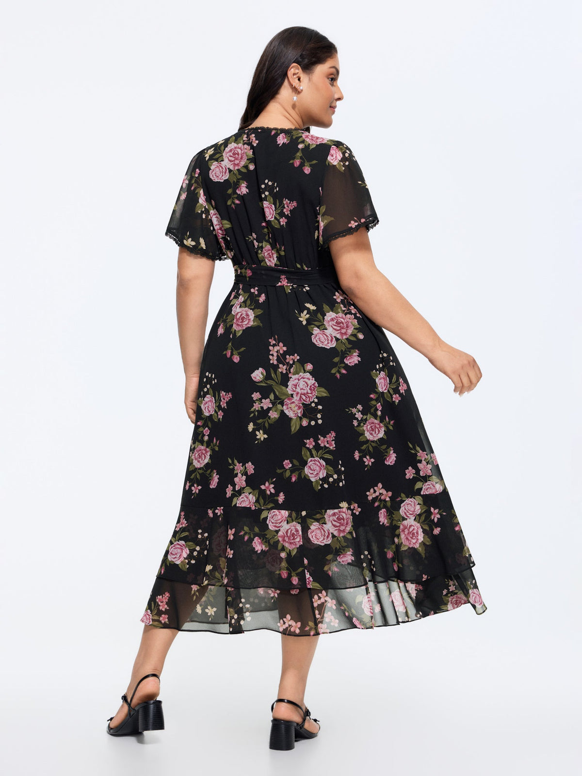 Soft Floral Print Lotus Leaf Hem Midi Dress