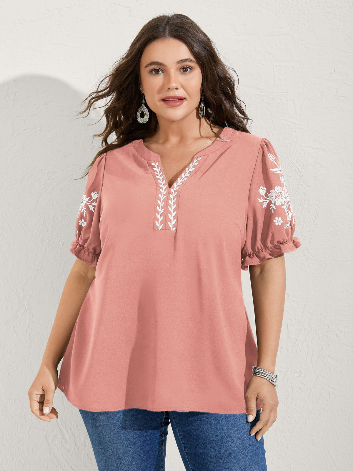 Notched Collar Embroidered Ruffled Blouse