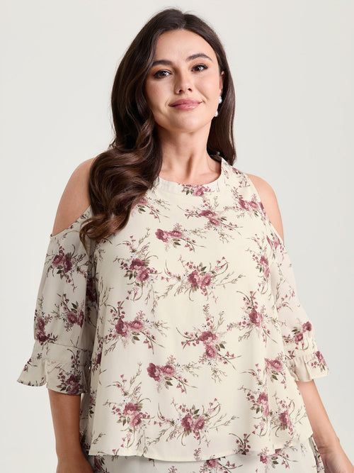 Blooming Floral Layered Hem Cut-Out Shoulder Blouse