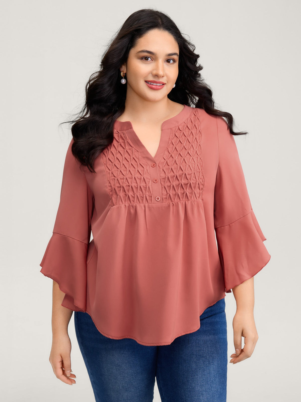 Textured Ruffled Sleeve Flowy Blouse