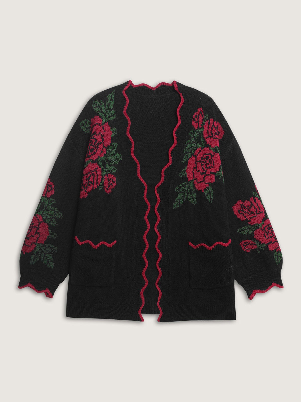 Rose Pattern Jacquard Color Contrast Knit Cardigan
