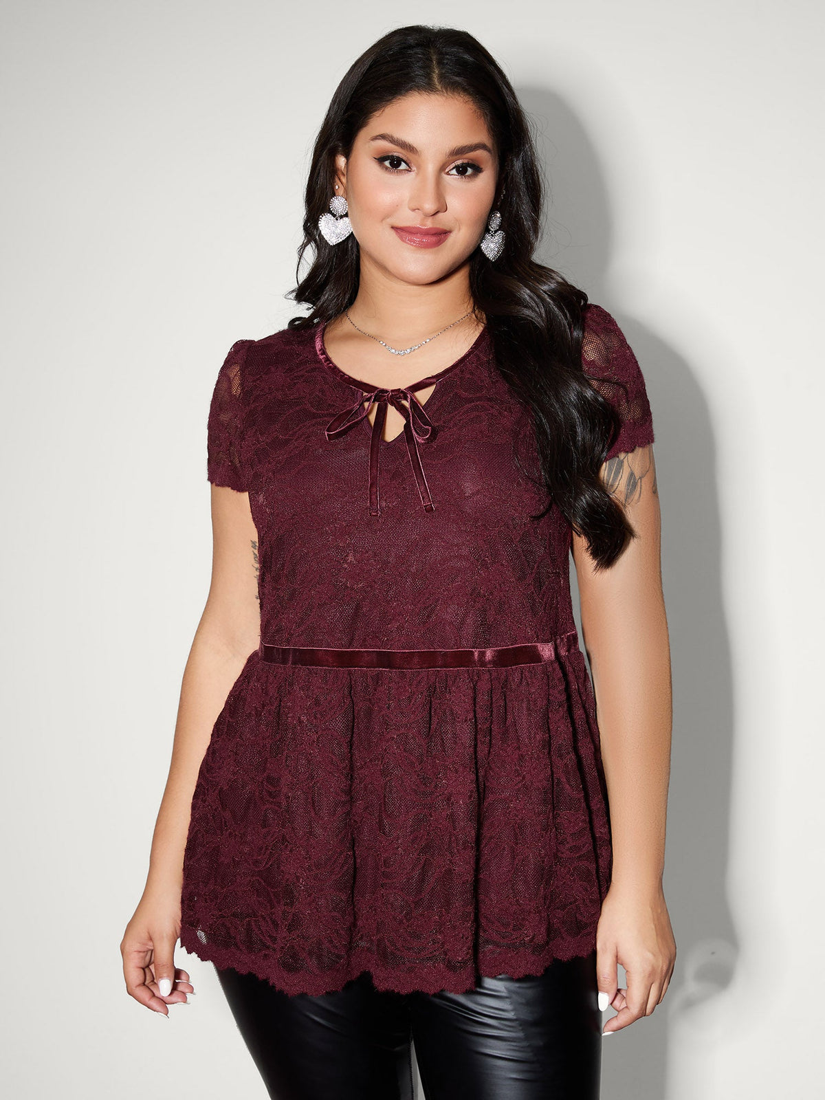 Textured Neck-Tie Cinched-Flared Blouse