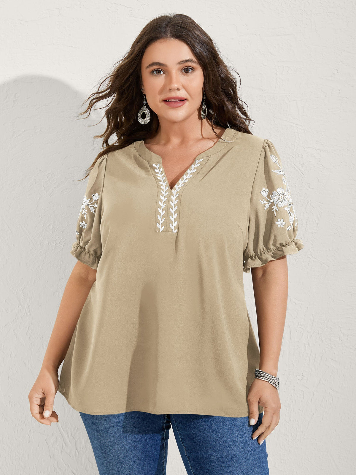 Notched Collar Embroidered Ruffled Blouse