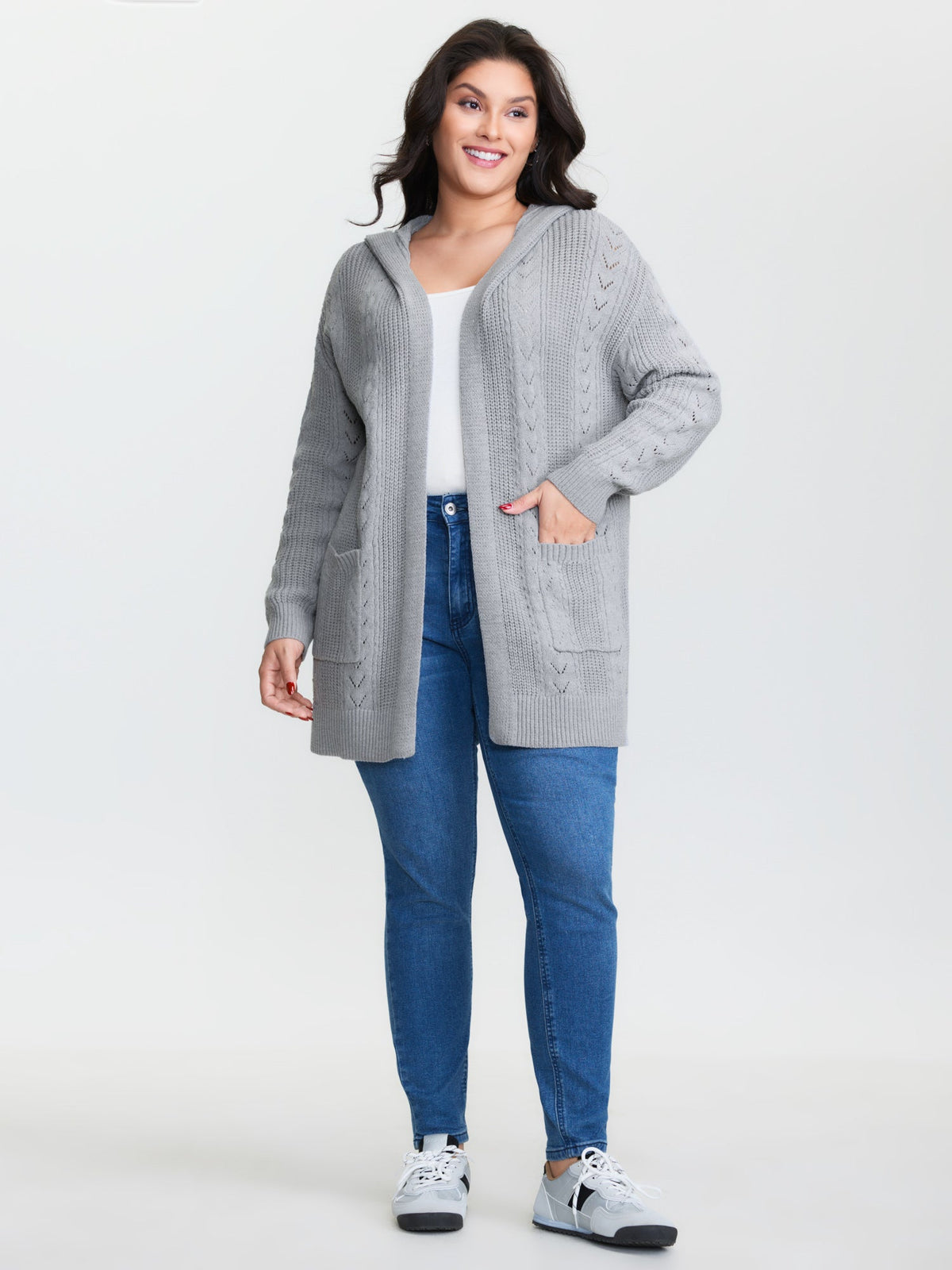 Textured Hooded Pockets Knit Cardigan