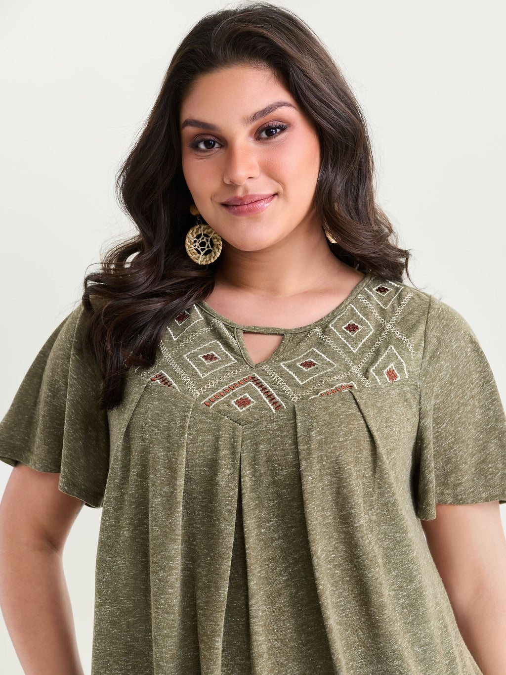 Boho Embroidered Keyhole Neckline Blouse