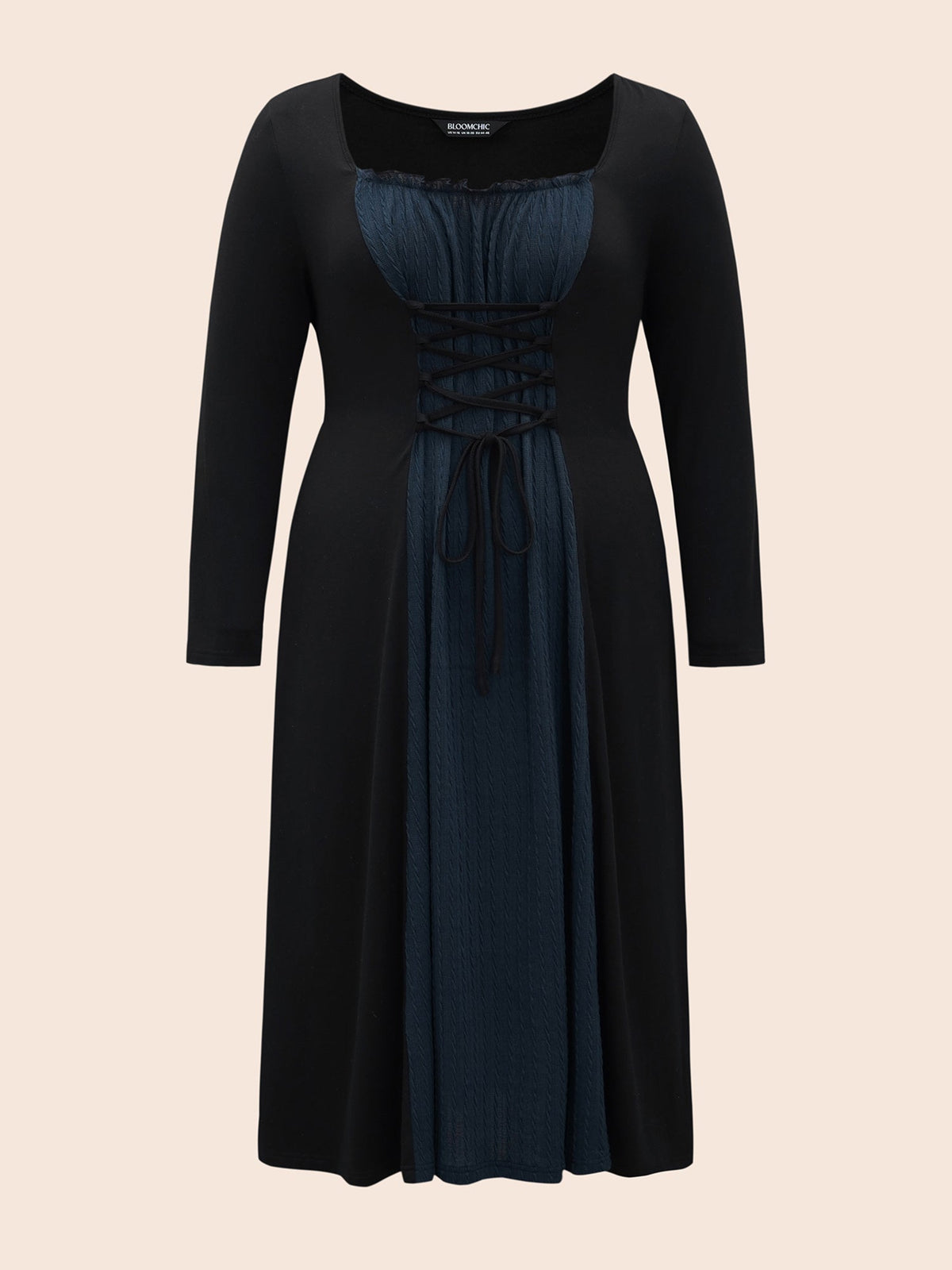Square Neck Textured Patchwork Crisscross Dress