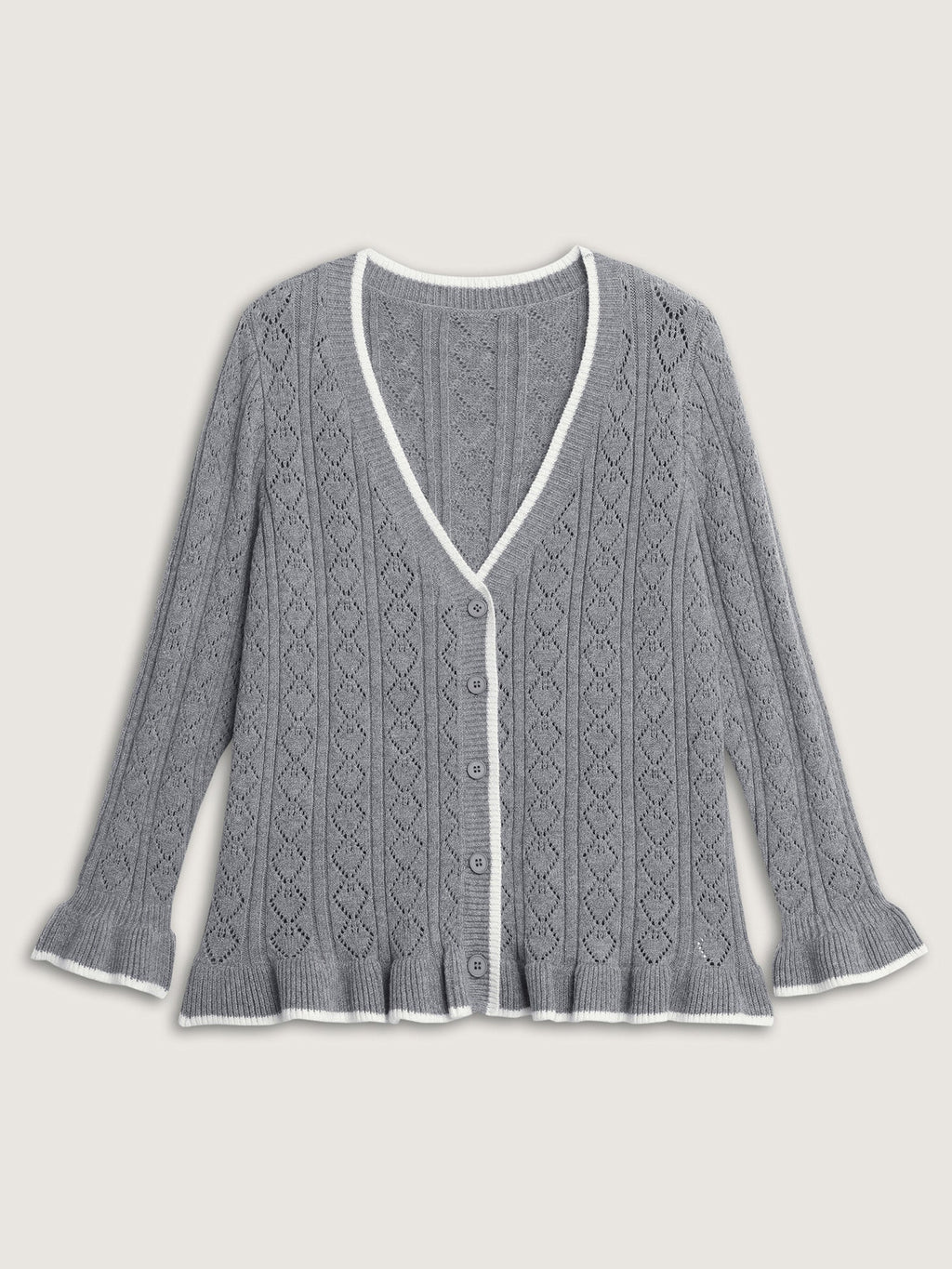 Textured Color Contrast Ruffled Hem Knit Cardigan