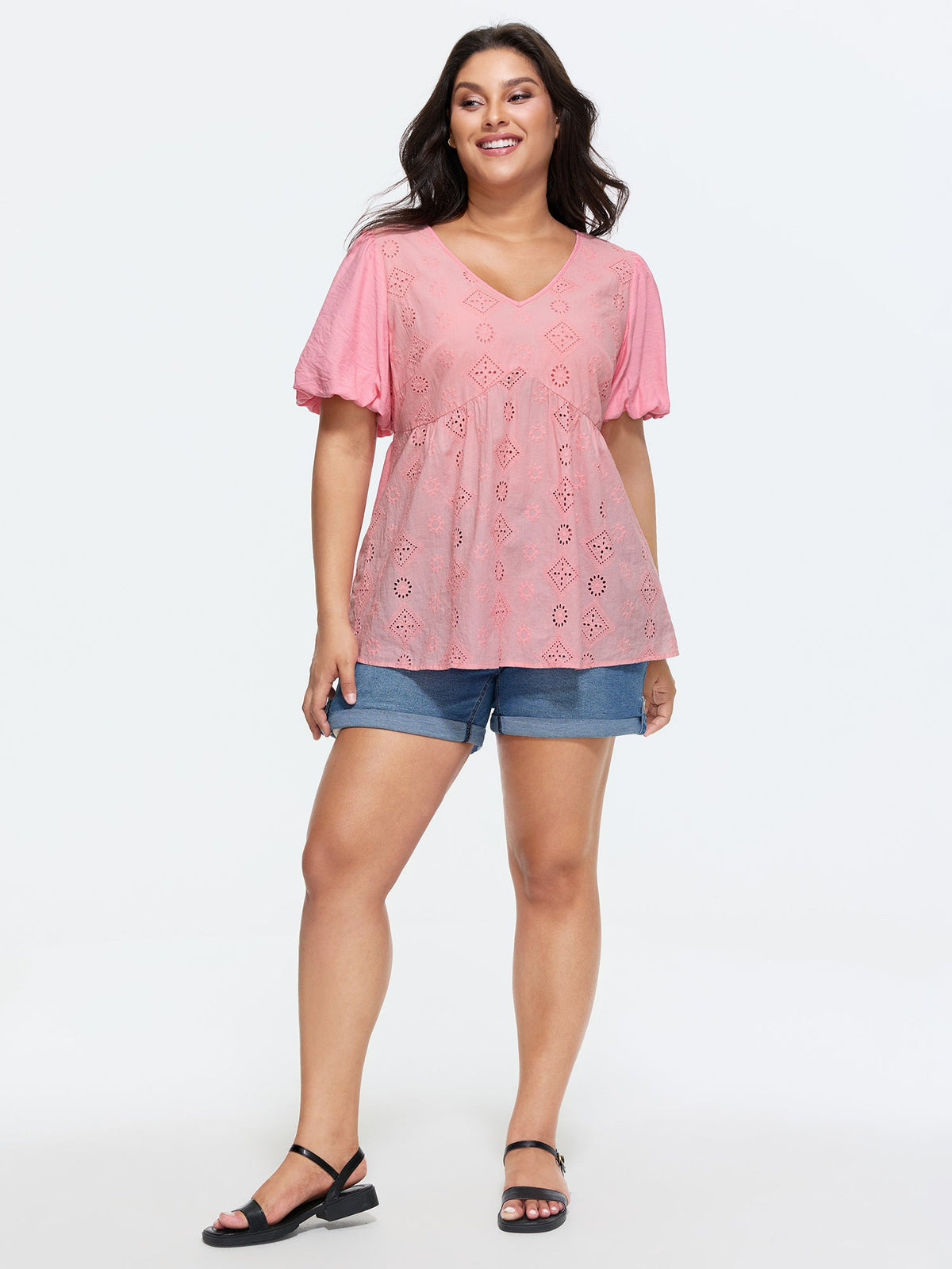 Cotton Eyelet Embroidered V-Neck Bubble Sleeve Blouse