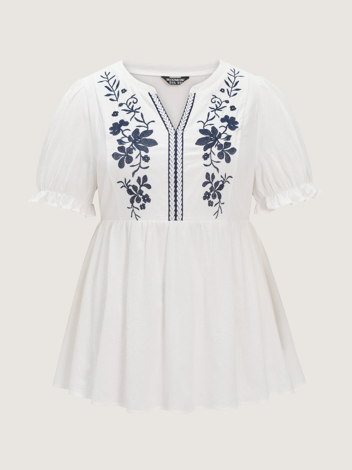 Cotton Floral Embroidered Notched Collar Blouse
