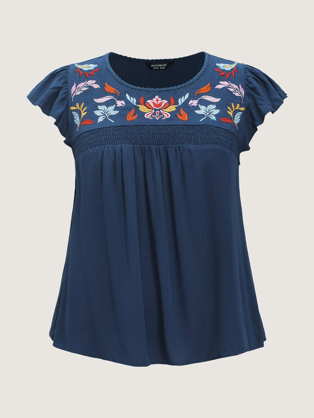 Cotton Floral Embroidered Shirred Flowy Blouse