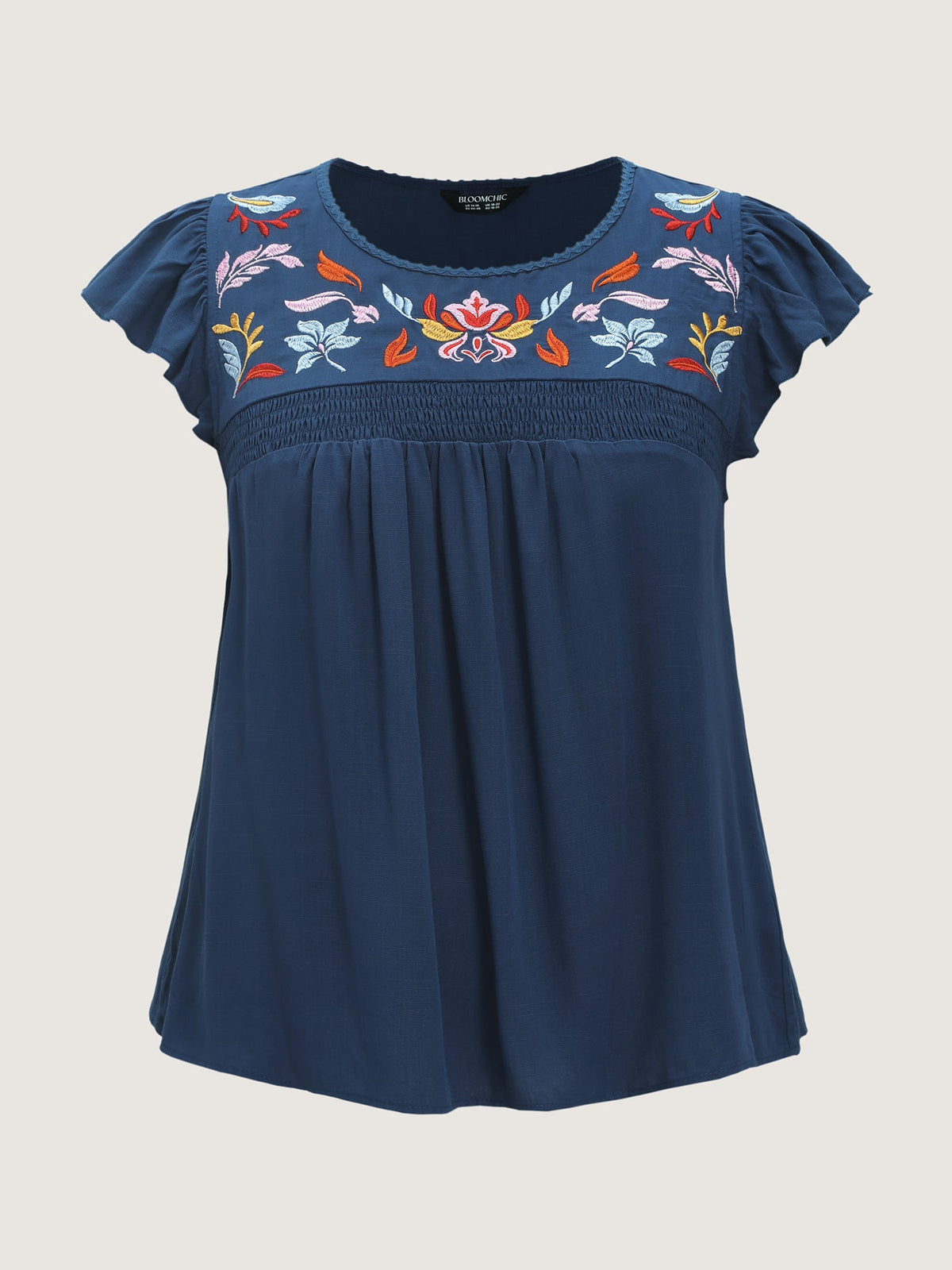 Cotton Floral Embroidered Shirred Flowy Blouse