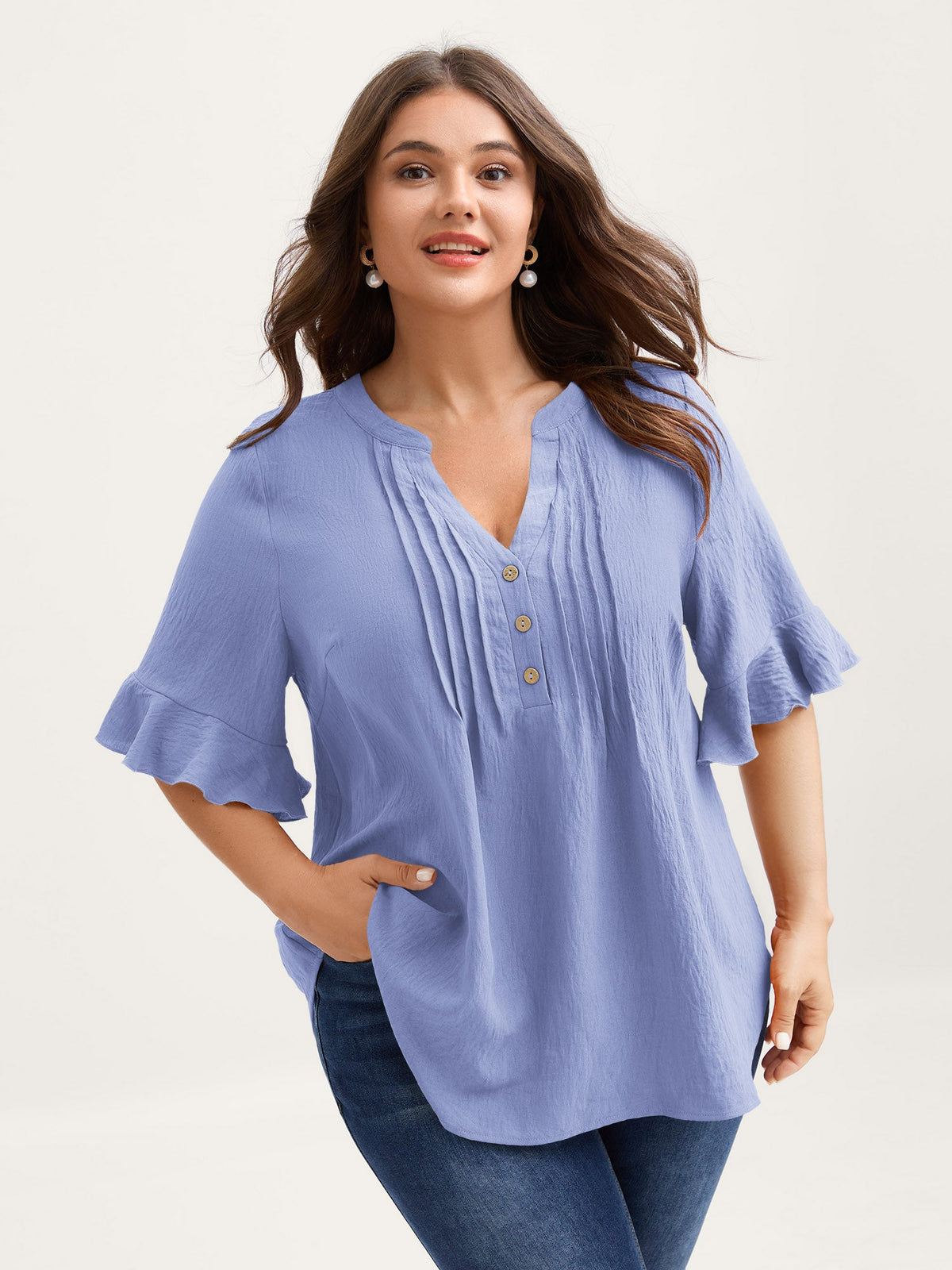 Toothpick Pleats Ruffled Sleeve Solid Blouse