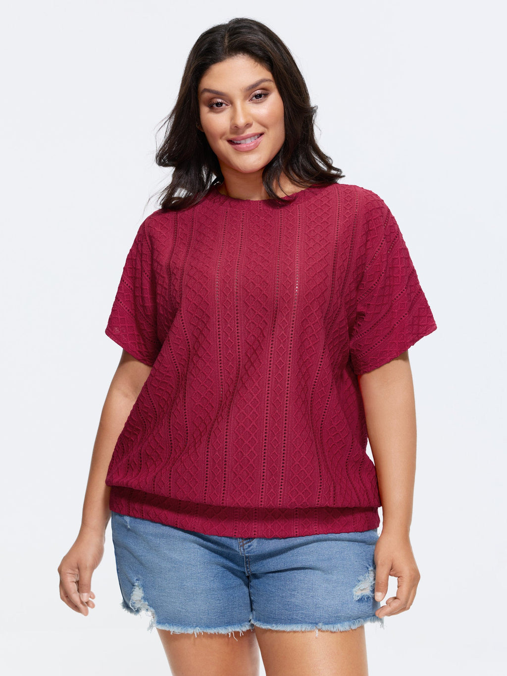 Eyelet Trim Stretchy Textured Plain Top