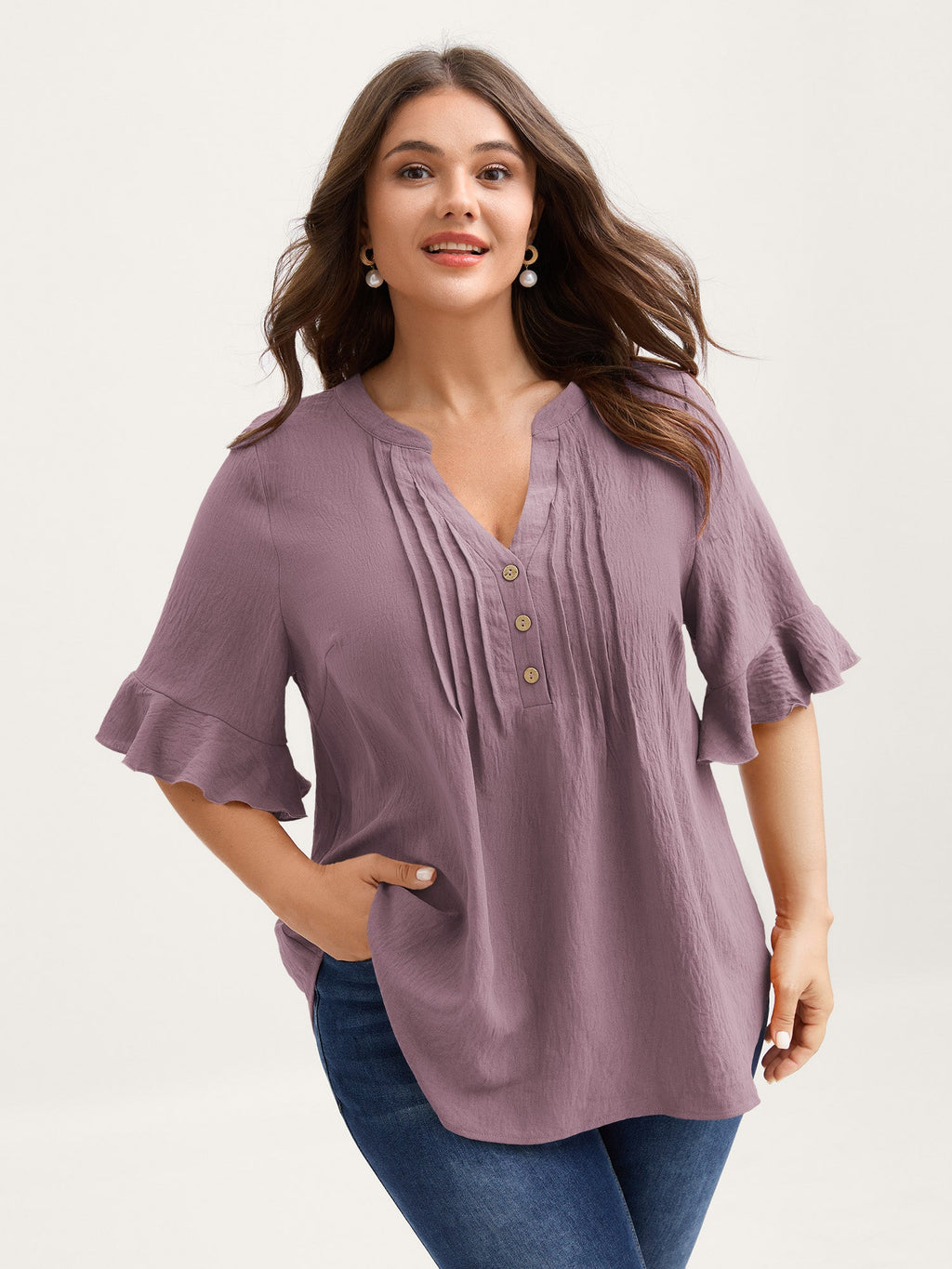 Toothpick Pleats Ruffled Sleeve Solid Blouse